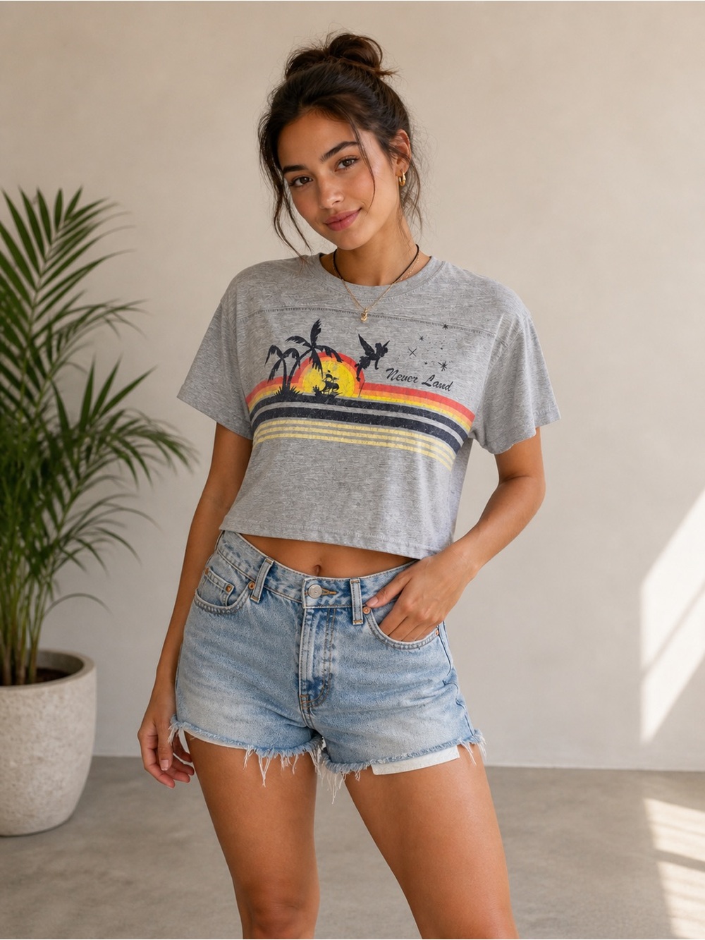 Disney Grey Tee with Sunset Stripe and Never Land Graphic